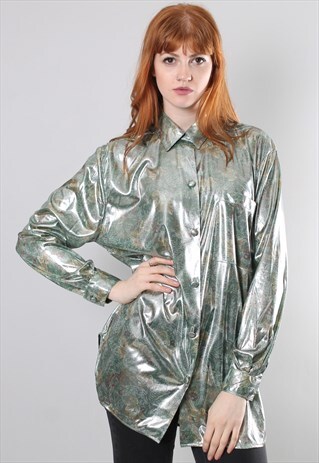 VINTAGE 70S FLORAL PATTERNED SHINY METALLIC LONG SHIRT