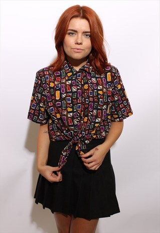 VINTAGE 1990'S 90'S BLACK GEOMETRIC PRINT BUTTON DOWN TOP S
