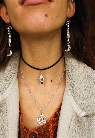 SILVER CHOKER & DAINTY NECKLACE SET HAMSAN HAND & LOTUS