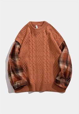 Checked sleeves sweater cable knitted jumper preppy top