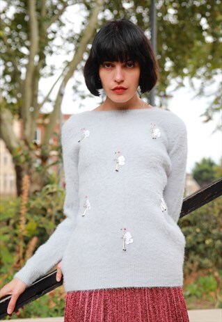 OSTRICH BIRD EMBELLISHED WOOL BLEND SOFT FLUFFY JUMPER