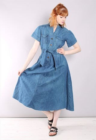 VINTAGE 70S DENIM PUFF SLEEVE WESTERN MIDI DRESS