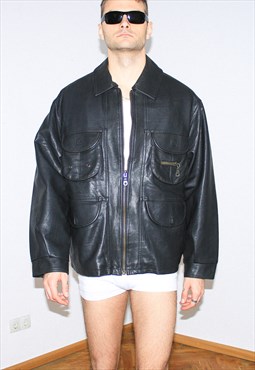 Vintage 00s utility leather jacket in black