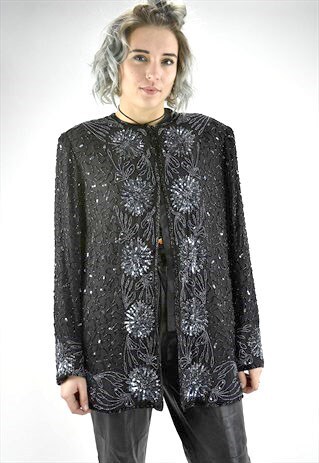 VINTAGE 80S BLACK EMBELLISHED SEQUIN JACKET/ CARDIGAN