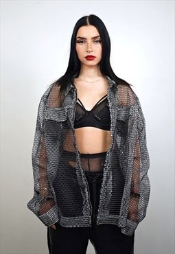 Mesh jacket black transparent Gothic bomber long sleeve 