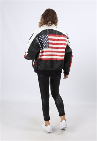 LEATHER BOMBER JACKET USA FLAG MICHAEL HOBAN UK 16 (H3C)