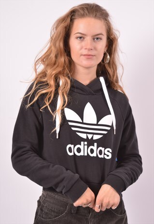 VINTAGE ADIDAS CROP HOODIE JUMPER BLACK