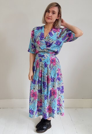 VINTAGE 80'S BLUE AND PURPLE FLORAL FAUX WRAP DRESS