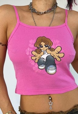 Vintage 90s Vest Top Cropped Cartoon Girl Print Y2k