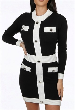 BUTTON TRIM BODYCON DRESS IN BLACK