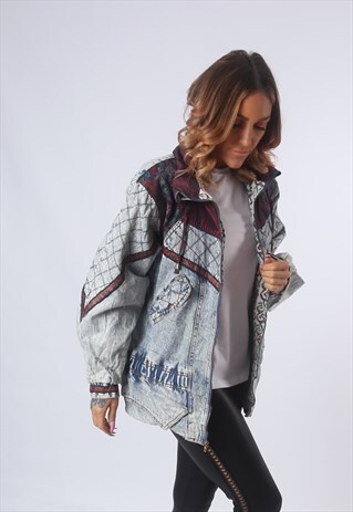 ACID WASH DENIM LINED EMBROIDERED JACKET BOMBER UK 14 (E1U)