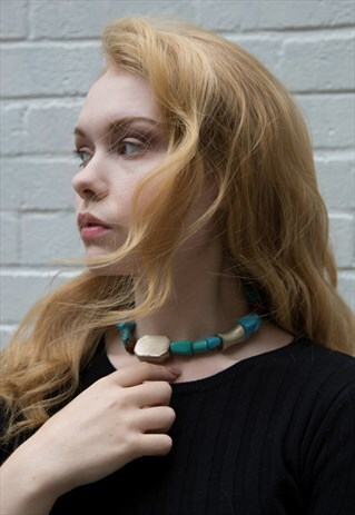 TURQUOISE STONE & SILVER CHOKER NECKLACE WITH RUDRAKSHA BEAD