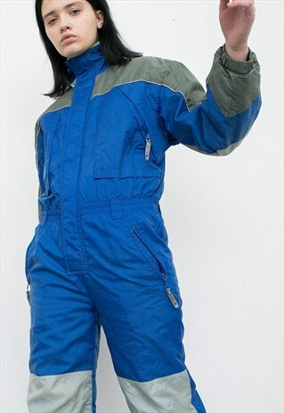 VINTAGE SNOWSUIT BRIGHT BLUE REFLECTOR GREY WARM PUFFER 90S