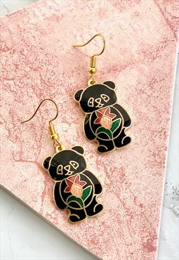 80s Panda Cloisonne Earrings, Kawaii Vintage Jewellery