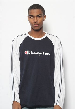 VINTAGE CHAMPION BIG LOGO LONG SLEEVE T-SHIRT NAVY BLUE