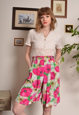 VINTAGE 80S FLORAL PRINT HIGH WAIST CULOTTES SHORTS IN PINK