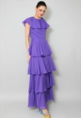 70's Vintage Purple Sleeveless Ruffle Evening Maxi Dress