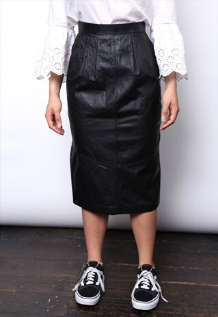 VINTAGE 80S BLACK LEATHER PENCIL SKIRT
