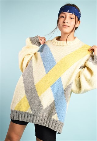 VINTAGE 80'S RETRO SLOUCHY GRAPHIC PATTERN KNIT JUMPER