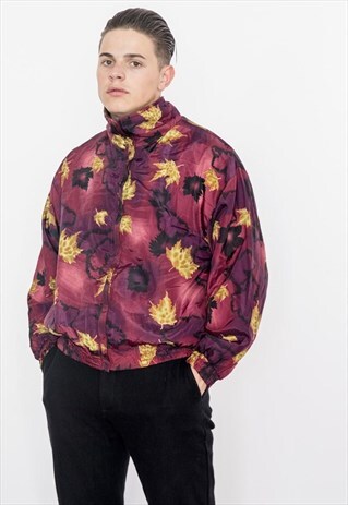 VINTAGE 80S PURPLE AND YELLOW AUTUMN LEAVES BOMBER JACKET