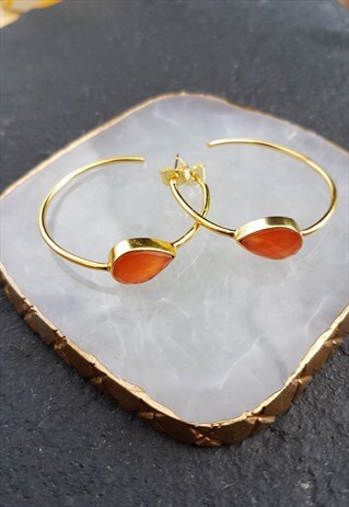 DARK ORANGE SEMI PRECIOUS GOLD HOOP EARRINGS