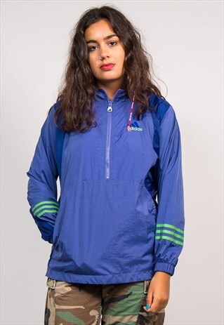 VINTAGE 90'S ADIDAS BLUE HALF ZIP WINDBREAKER JACKET