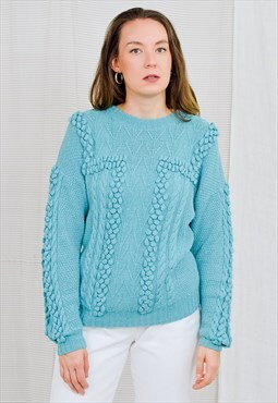 Turquoise sweater vintage pompoms jumper blue pullover XL