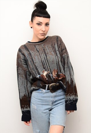 VINTAGE 90'S NATURE WOODLAND DUCK SCENE OVERSIZED JUMPER