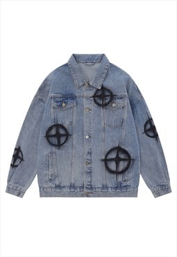 Target print denim jacket utility varsity grunge jean bomber