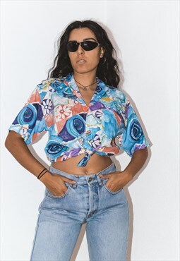 90s Blue Flower Patchwork Vintage Shirt Blouse Button Up