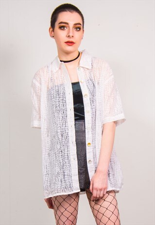 VINTAGE 90'S WHITE SHEER SNAKESKIN PRINT SHORT SLEEVE SHIRT