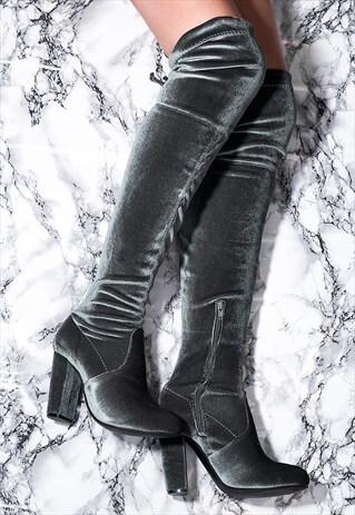 JACKSON LACE UP BLOCK HEEL THIGH BOOTS - GREY VELVET STYLE