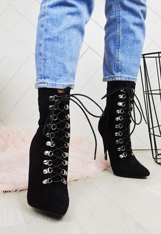 VICKY BLACK POINTED LACE UP STILETTO HEELED BOOTS
