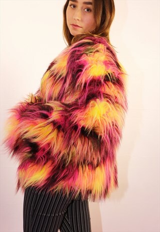 FAUX FUR/FLUFFY COAT IN PINK PATCHWORK