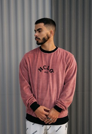 HANDMADE VELVET SWEATSHIRT IN PINK WITH EMBROIDERED LETTERS