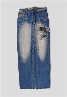 Vintage Japanese Embroidered Koi Fish Denim Jeans in Blue