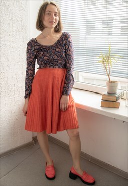 Vintage 70's Orange Knitted Midi Ribbed A Line Skirt