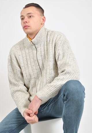 VINTAGE ZIP UP TURTLE NECK CARDIGAN IN BEIGE