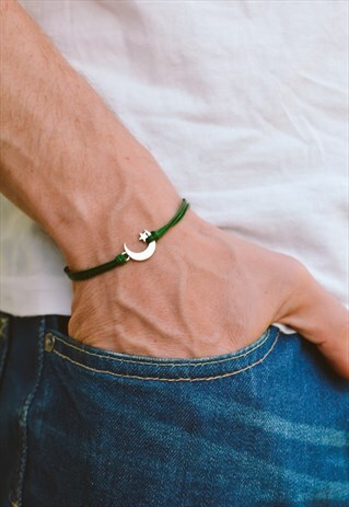 MENS BRACELET SILVER CRESCENT MOON STAR CHARM GREEN CORD
