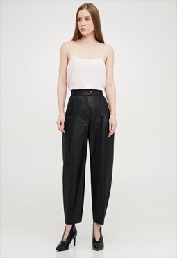Baggy pleated cotton women's pants in black color