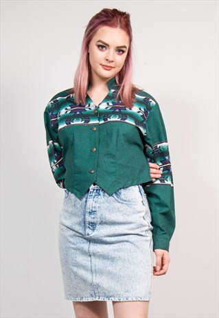 90'S GREEN AZTEC PATTERN WESTERN STYLE CROPPED SHIRT
