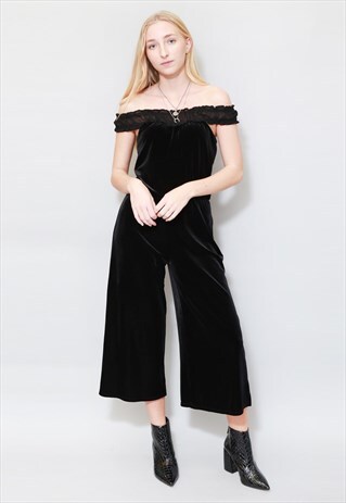 VINTAGE 1980'S BLACK VELVET OFF THE SHOULDER JUMPSUIT
