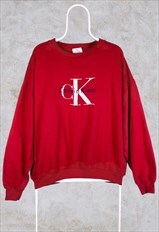 Vintage Calvin Klein Sweatshirt Spell Out Embroidered Red XL