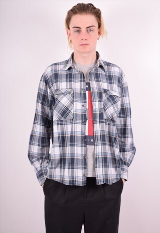 MENS VINTAGE SHIRT LARGE BLUE CHECK 90S