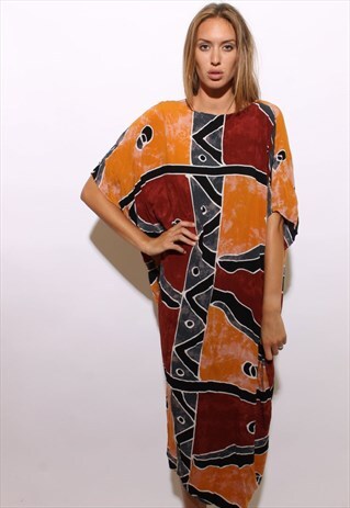 VINTAGE 1980'S 80'S TRIBAL GEOMETRIC CAFTAN MAXI DRESS OS