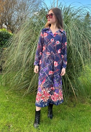 70's Vintage Blue Dagger Collar Dressing Gown Midi Dress