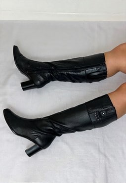 Black Real Leather Vintage Knee High Boots