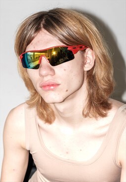 Y2K rave racer semi-rimless sunglasses in red & yellow/blue