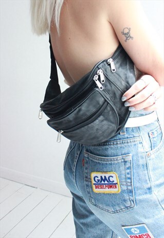 VINTAGE 90S Y2K DEADSTOCK BLACK LEATHER CROSS BODY BUM BAG