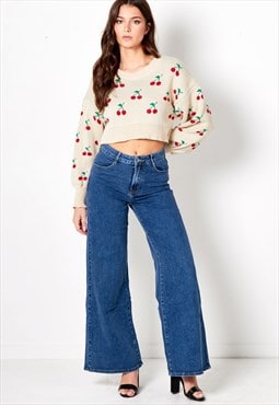 Beige Cherry Print Cropped Jumper